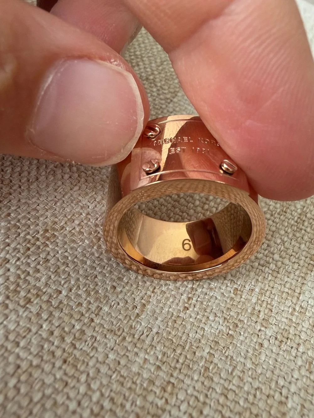 Michael Kors Rose Gold Wide Plate Ring with Screw Detail